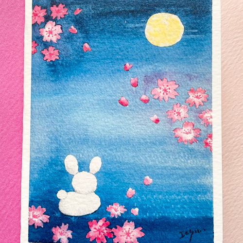 透明水彩画 2枚セット「夜桜」ミニカード イラスト 桜 さくら