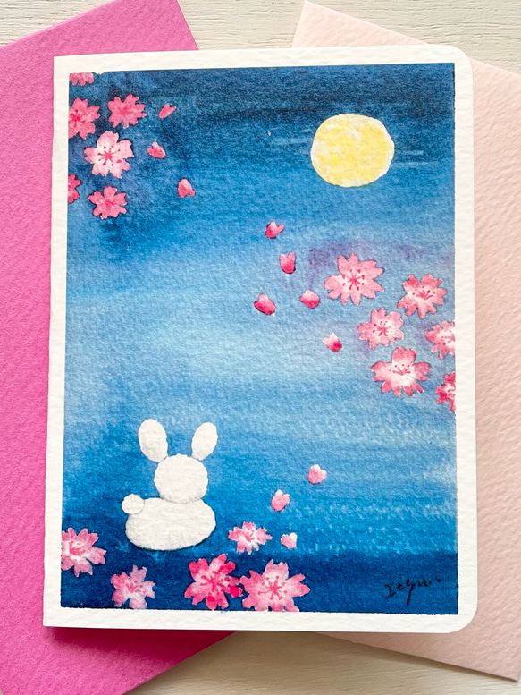 透明水彩画　2枚セット「夜桜」ミニカード　イラスト　桜　さくら　うさぎ　満月　バースデーカード　母の日カード　春　花 2枚目の画像