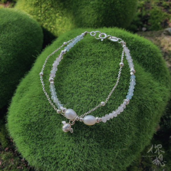 ✵◈天堂◈✵ 925純銀天然淡水珍珠海藍寶串珠手鍊 第1張的照片