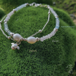 ✵◈天堂◈✵ 925純銀天然淡水珍珠海藍寶串珠手鍊 第2張的照片