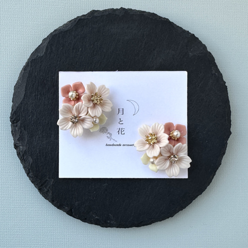 傘さくら柄・オレンジ】樹脂粘土・ミニチュアフード・ピアス ピアス