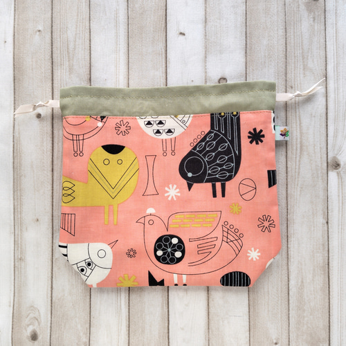 USAコットンのマチ付き巾着ポーチ 巾着袋(北欧風鳥柄/サーモン