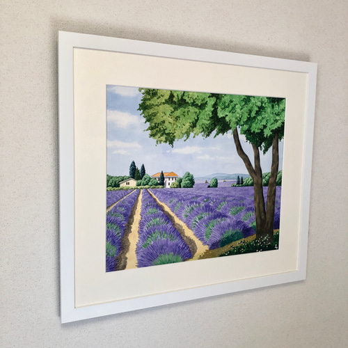 ラベンダー・遥かなる大地」透明水彩画 原画 風景画 額縁付 F10