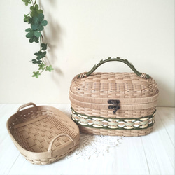 フタ付きバスケット(まる) 中トレー付き うすちゃ✕グリーン 紙バンド