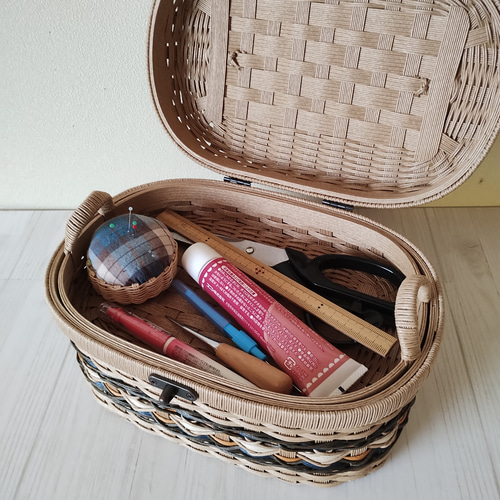 フタ付きバスケット(まる) 中トレー付き うすちゃ✕グリーン 紙バンド