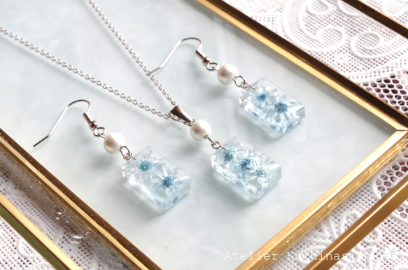 樹脂藝術花朵棉質珍珠耳環&lt;淺藍色&gt; 第11張的照片