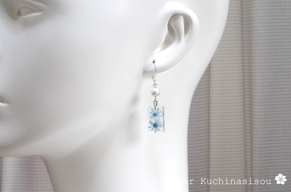 樹脂藝術花朵棉質珍珠耳環&lt;淺藍色&gt; 第6張的照片