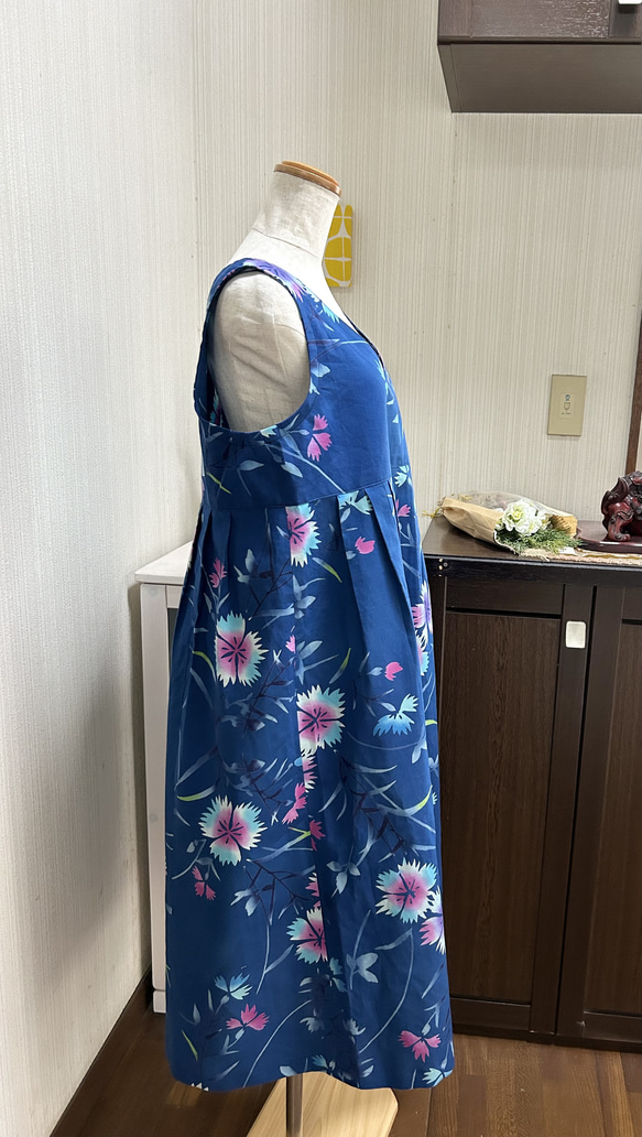 売り切れ　在庫無し　浴衣反物　ワンピース　リボンベルト付き　青　ナデシコ　花柄　木綿　ハンドメイド　夏　272 8枚目の画像