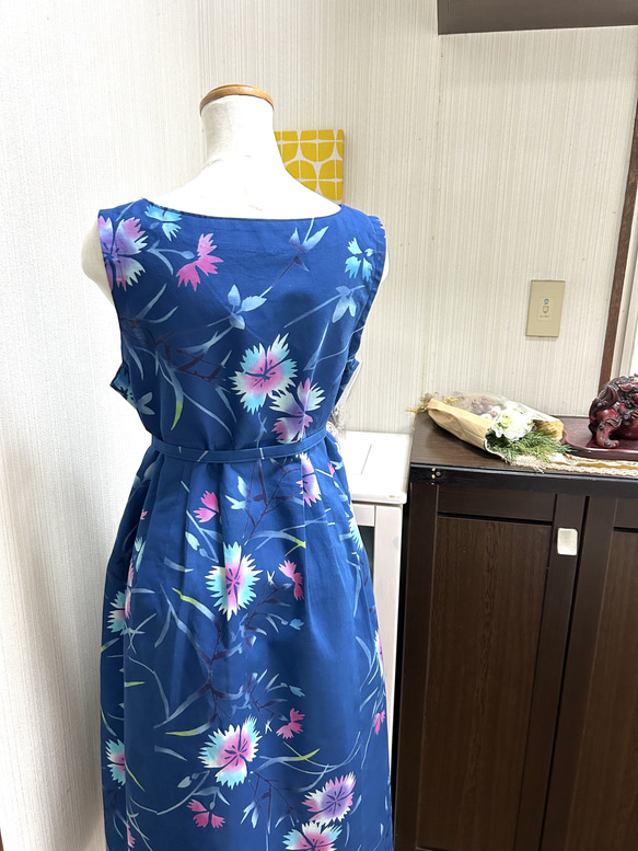 売り切れ　在庫無し　浴衣反物　ワンピース　リボンベルト付き　青　ナデシコ　花柄　木綿　ハンドメイド　夏　272 5枚目の画像