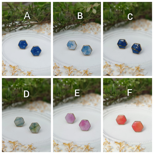 手染め布の六角形ピアス(藍染め・手染め・サージカルステンレス