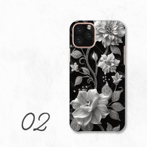 モノクロ 花柄 おしゃれ エレガント 全機種対応スマホケース 背面型