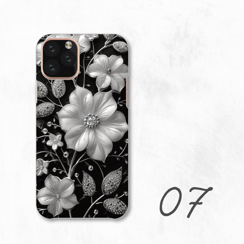 黒 花柄エンボス ケース モノクロ 花柄 おしゃれ エレガント 全機種対応スマホケース