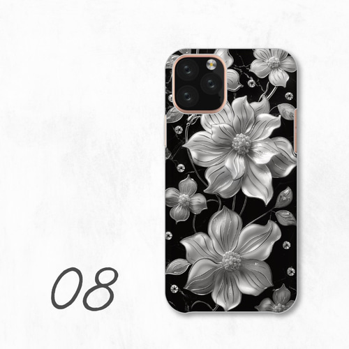 黒 花柄エンボス ケース 黒楽 - 和風 立体型 iPhoneケース / T005000K【Three-dimensional