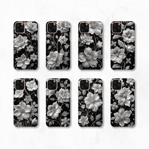 モノクロ 花柄 おしゃれ エレガント 全機種対応スマホケース