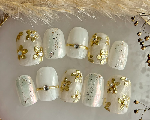 オーダーネイルチップNo.52 ミラーフラワー ラメ オーダーネイルチップ