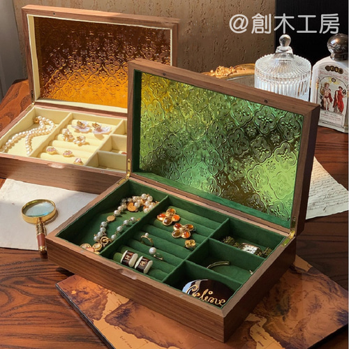 ジュエリーボックス 木製 ヴィンテージ フローラガラス付き ジュエリーボックス 木製 ヴィンテージ フローラガラス付き