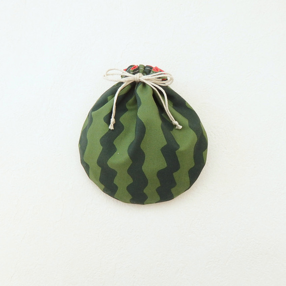 スイカのリバーシブル巾着ポーチ　red 2枚目の画像