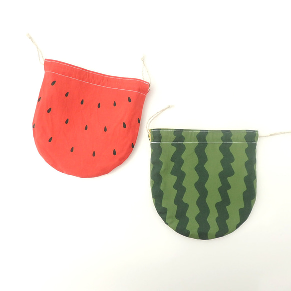 スイカのリバーシブル巾着ポーチ　red 7枚目の画像