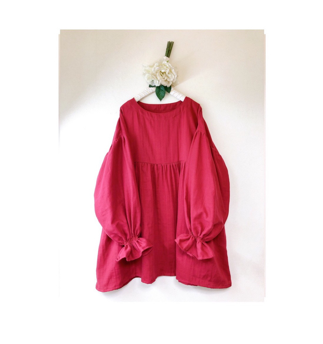 ❤️ふんわりバルーン袖のギャザーチュニック ❤️ふわふわダブルガーゼ ❤️ガーネット❤️身幅調整/お色変更可能