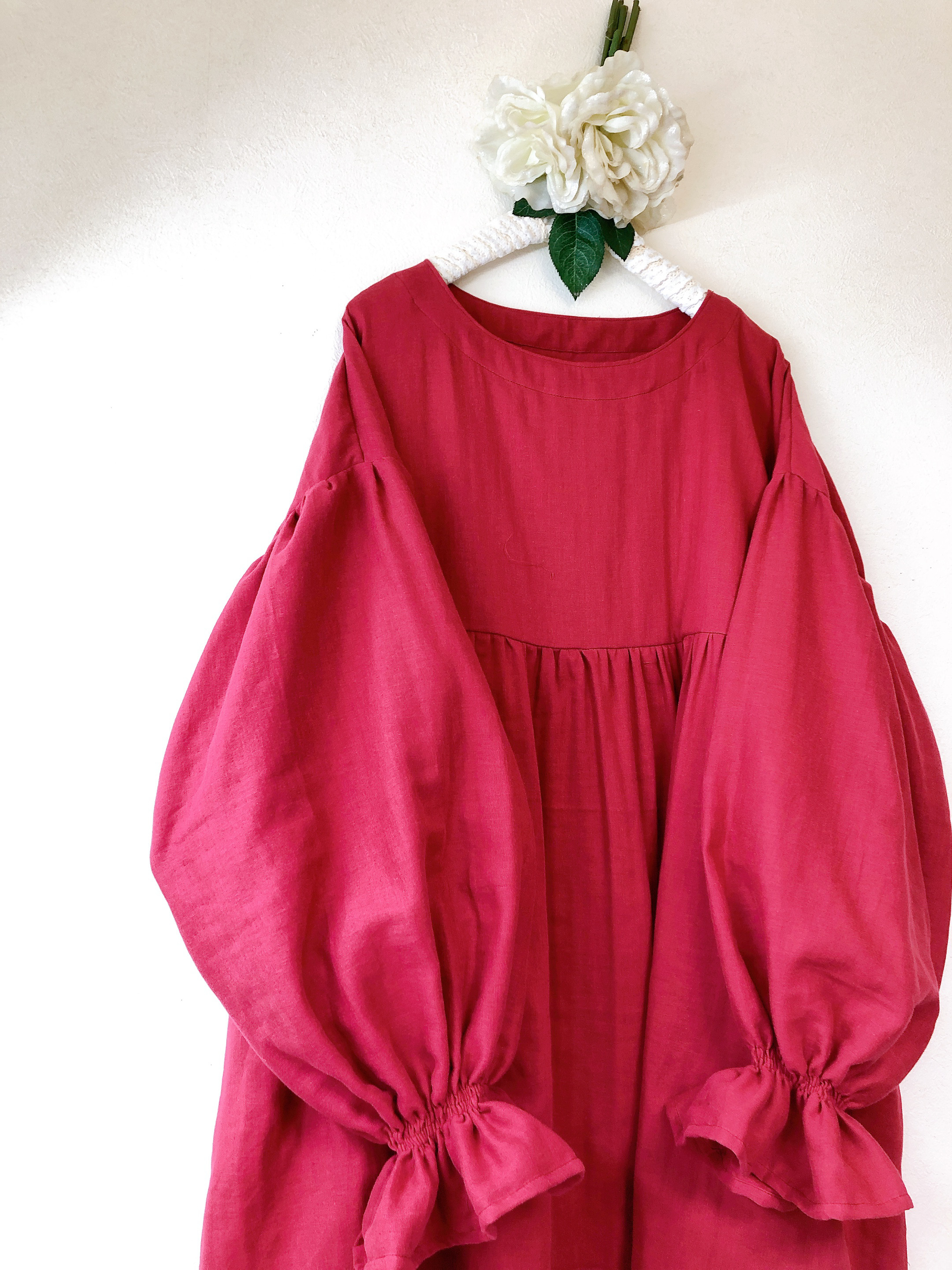 ❤️ふんわりバルーン袖のギャザーチュニック ❤️ふわふわダブルガーゼ ❤️ガーネット❤️身幅調整/お色変更可能