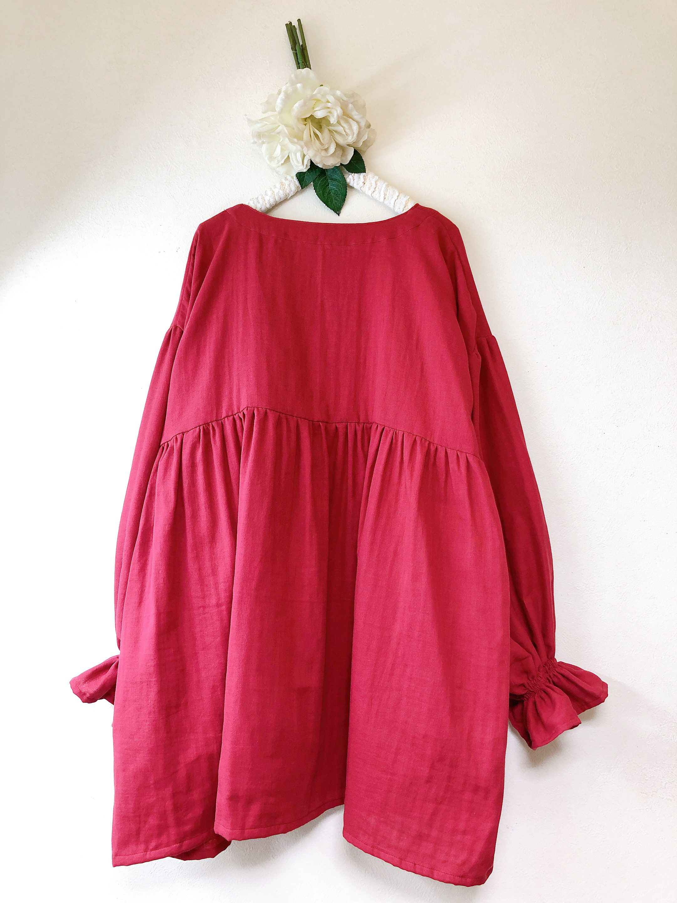 ❤️ふんわりバルーン袖のギャザーチュニック ❤️ふわふわダブルガーゼ ❤️ガーネット❤️身幅調整/お色変更可能