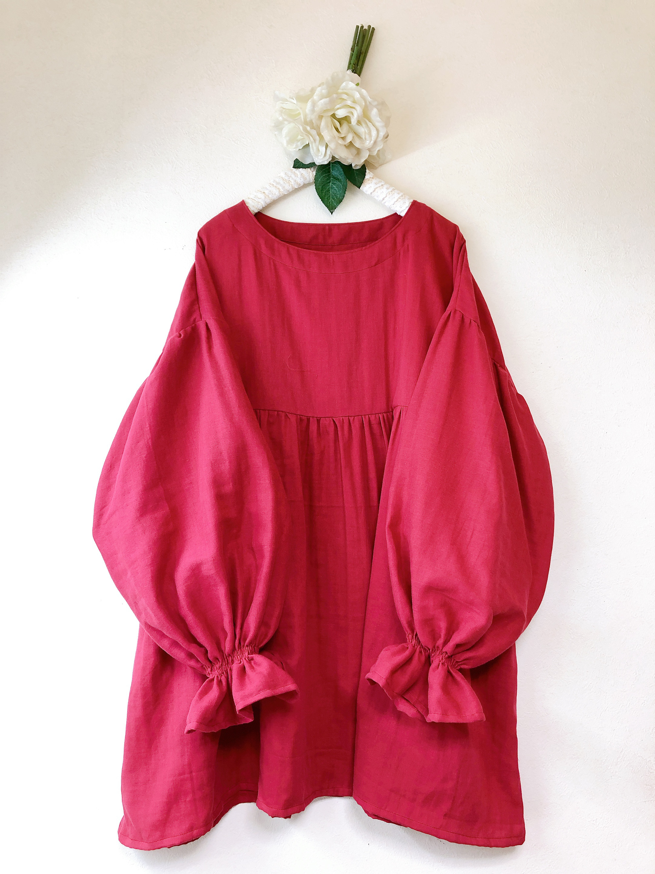 ❤️ふんわりバルーン袖のギャザーチュニック ❤️ふわふわダブルガーゼ ❤️ガーネット❤️身幅調整/お色変更可能