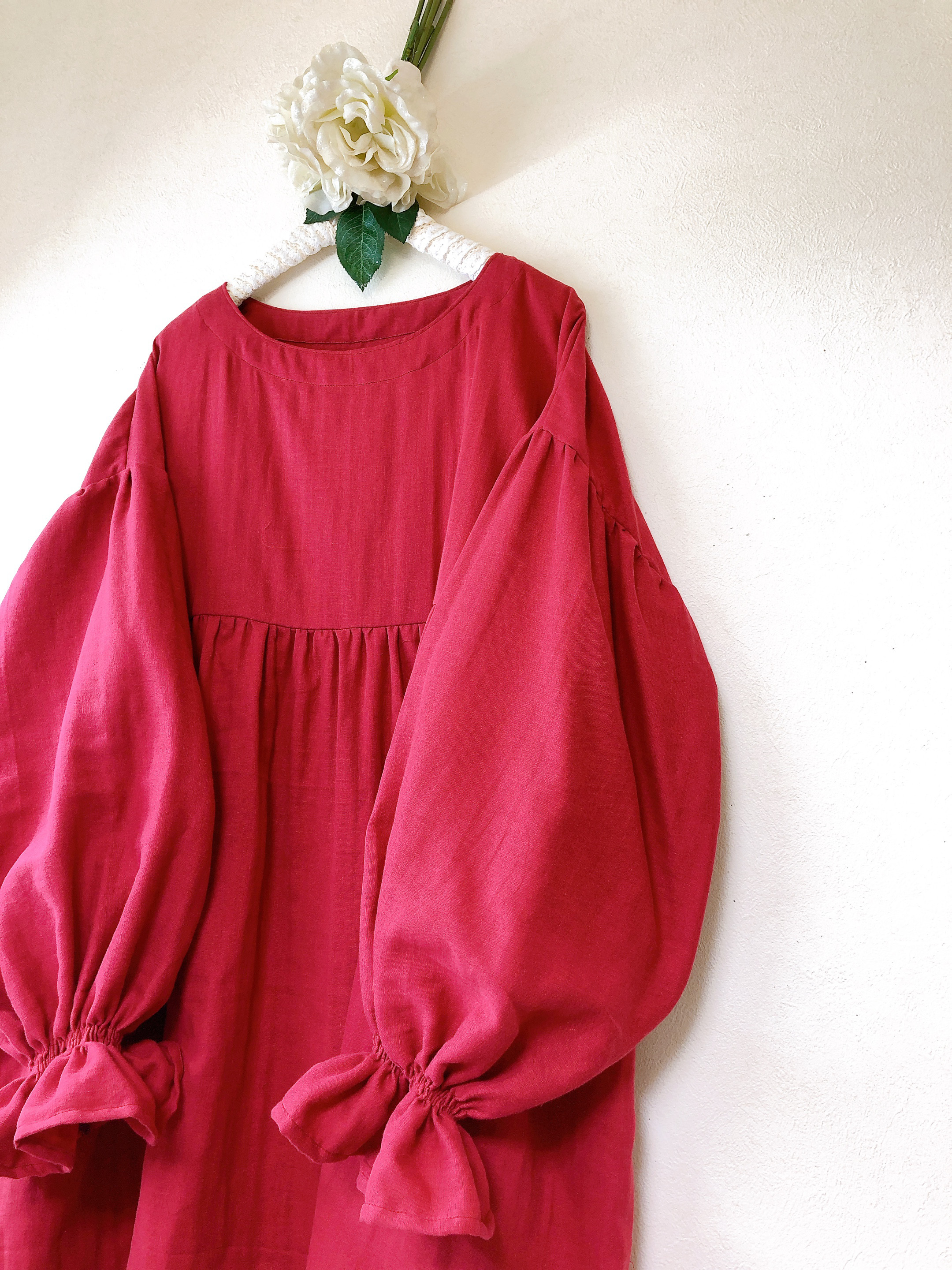 ❤️ふんわりバルーン袖のギャザーチュニック ❤️ふわふわダブルガーゼ ❤️ガーネット❤️身幅調整/お色変更可能