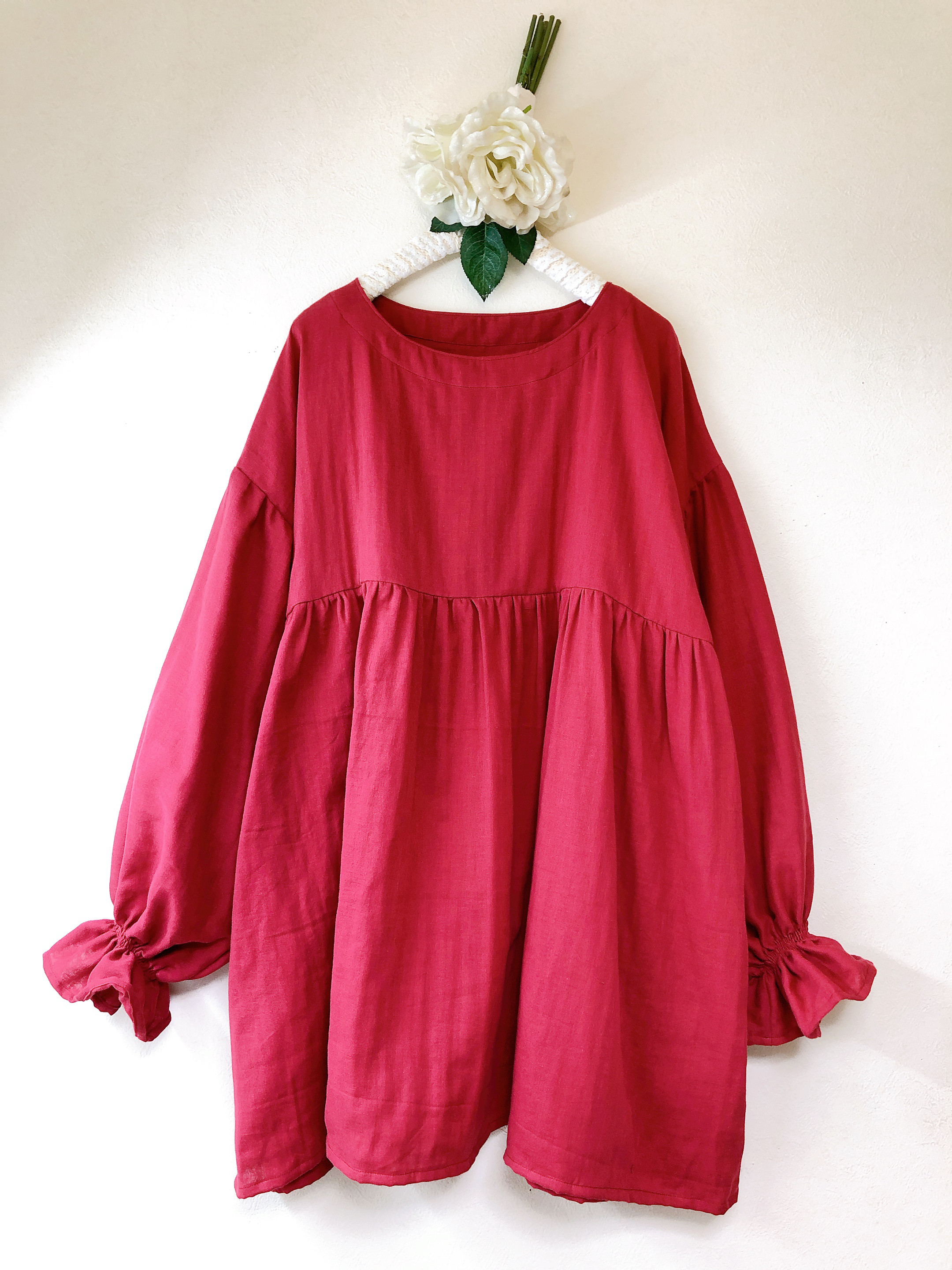 ❤️ふんわりバルーン袖のギャザーチュニック ❤️ふわふわダブルガーゼ ❤️ガーネット❤️身幅調整/お色変更可能