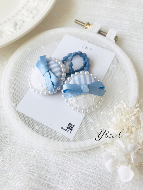 そら色リボンとくるみボタンのヘアゴム♡ 雑貨・その他 Y & A 通販