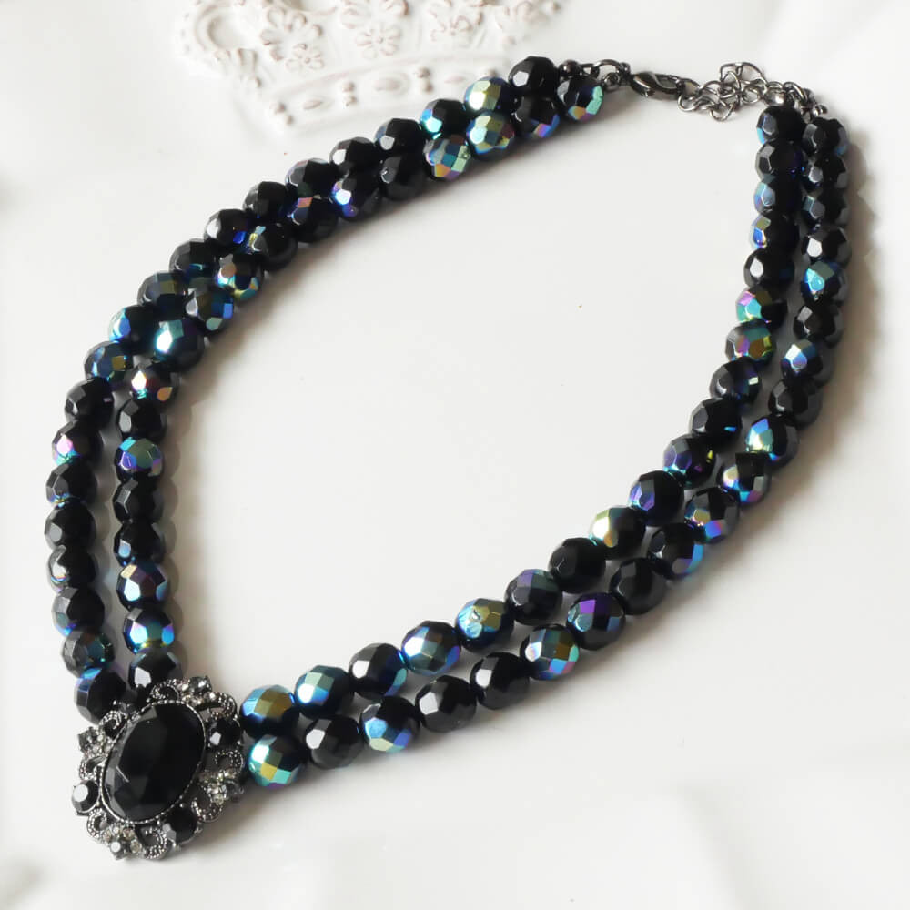 ブラック 2連 チョーカー チェコ ビーズ 黒 ゴスロリ