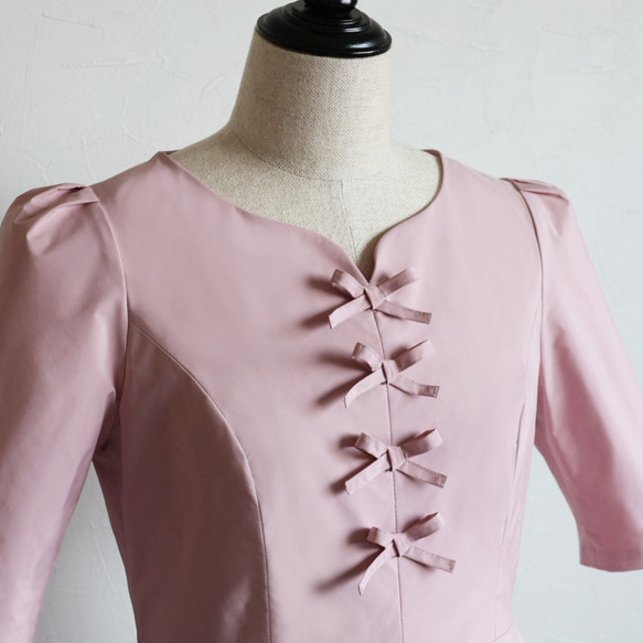 【成人女性裝！ ] 緞帶短袖褶襉喇叭洋裝【粉紅色】 第9張的照片