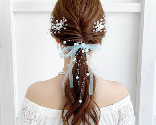 ミントグリーン】パール オーガンジーリボン ヘアリボン ヘア