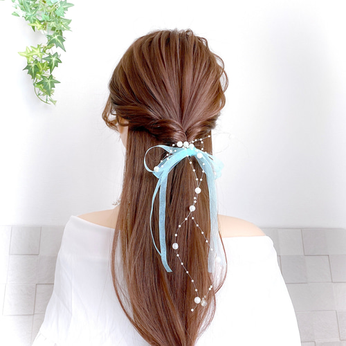 確認　ゆれるヘアリボン ヘアゴム ロングリボン　7　ゴールドチェーン　ミント 確認 ゆれるヘアリボン ヘアゴム ロングリボン 7 ゴールドチェーン