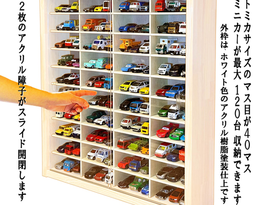 トミカケース 40マス 120台収納 アクリル障子付 ホワイト色塗装 