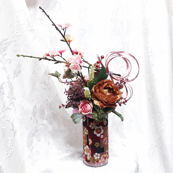 造花・アートフラワー　桜小町アレンジ　春の訪れ　可愛い桜　和風アレンジ　西陣織金襴布 4枚目の画像