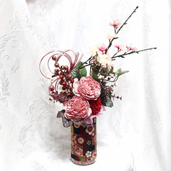 造花・アートフラワー　桜小町アレンジ　春の訪れ　可愛い桜　和風アレンジ　西陣織金襴布 1枚目の画像