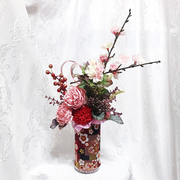造花・アートフラワー　桜小町アレンジ　春の訪れ　可愛い桜　和風アレンジ　西陣織金襴布 5枚目の画像