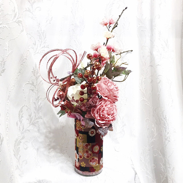 造花・アートフラワー　桜小町アレンジ　春の訪れ　可愛い桜　和風アレンジ　西陣織金襴布 2枚目の画像