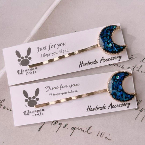 No.1544】UVレジン シェル 螺鈿細工風 月 ヘアピン 2本セット