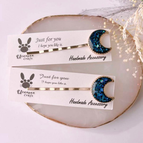 No.1544】UVレジン シェル 螺鈿細工風 月 ヘアピン 2本セット