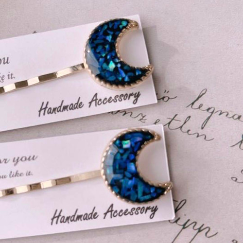 No.1544】UVレジン シェル 螺鈿細工風 月 ヘアピン 2本セット