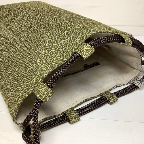 合切袋・信玄袋（巾着袋）／青海波と麻の葉（抹茶色）ファスナー