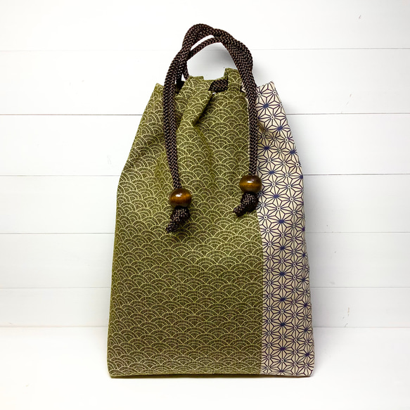 合切袋・信玄袋（巾着袋）／青海波と麻の葉（抹茶色）ファスナー