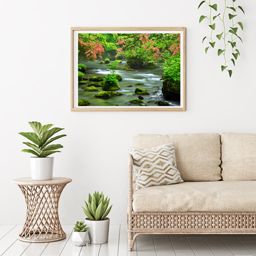 ツツジ咲く新緑の奥入瀬渓流 三乱の流れ インテリアアートポスター