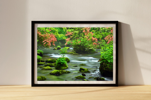 ツツジ咲く新緑の奥入瀬渓流　三乱の流れ　インテリアアートポスター　115 1枚目の画像