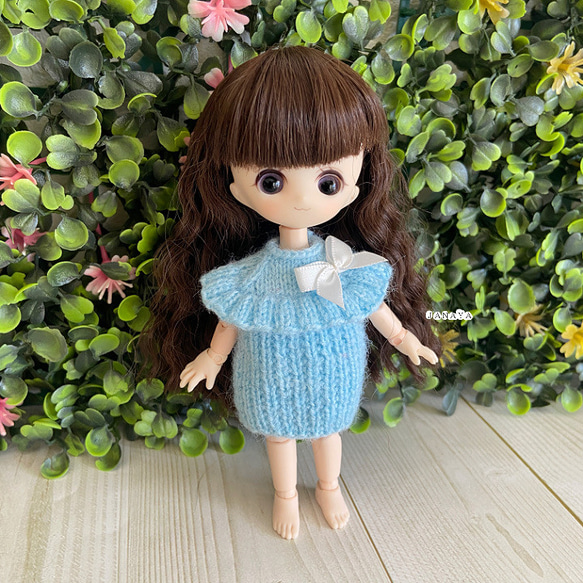 JANAYA ハンドメイド　オビツ11服　毛糸製　水色ワンピース　3点セット 2枚目の画像