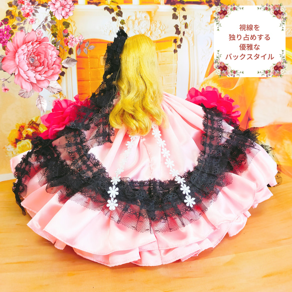 リカちゃん　ピンクブラックドレス　花　ハンドメイド服　ドール服　人形服　ドールドレス　♡ジョルジェット♡ 12枚目の画像