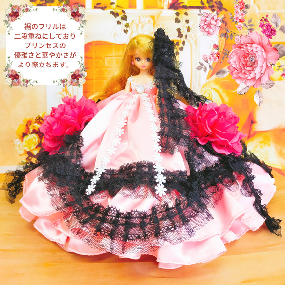 リカちゃん　ピンクブラックドレス　花　ハンドメイド服　ドール服　人形服　ドールドレス　♡ジョルジェット♡ 6枚目の画像