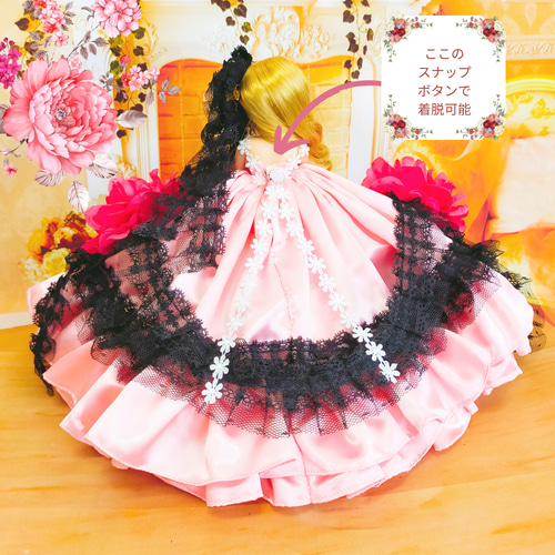 リカちゃん ピンクブラックドレス 花 ハンドメイド服 ドール服 リカちゃん ピンクブラックドレス 花 ハンドメイド服 ドール服