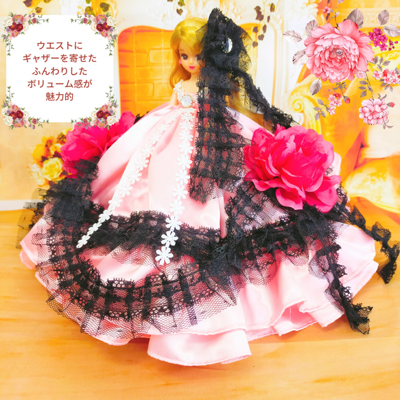 リカちゃん　ピンクブラックドレス　花　ハンドメイド服　ドール服　人形服　ドールドレス　♡ジョルジェット♡ 9枚目の画像